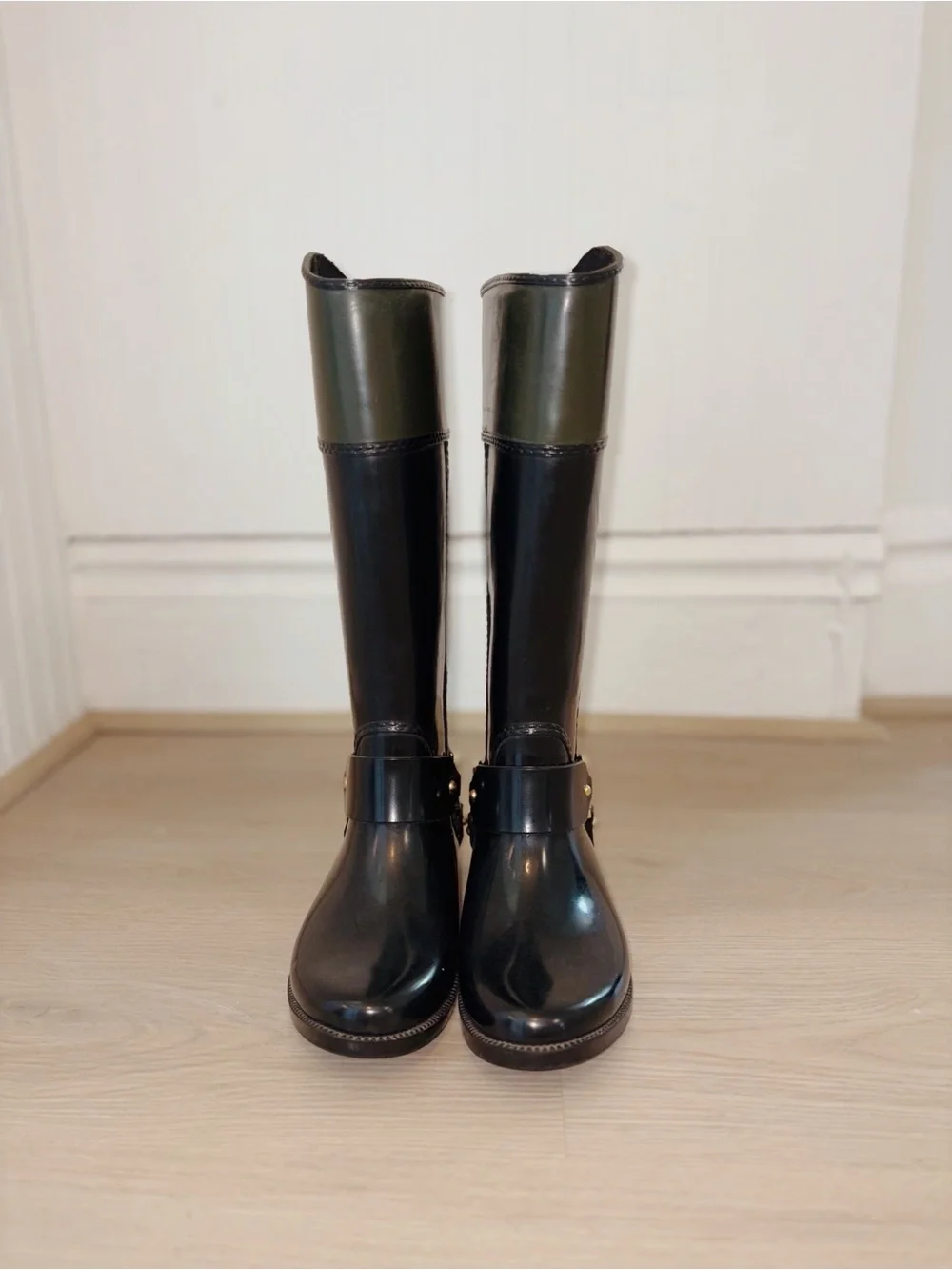Michael Kors Fulton Harness Black Riding Boot with Olive Cuff and Gold Hardware